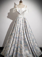 Silver Flower Print Straps Prom Dress